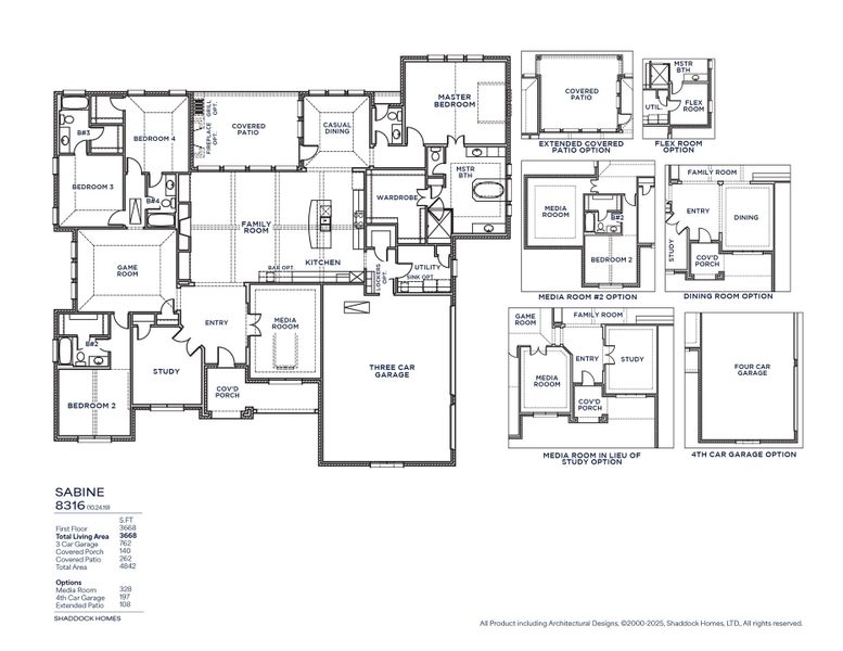 2D floor plan layout for the Sabine - SH 8316 by Shaddock Homes in King's Crossing - Phase 5 & 6, Parker, TX (Image 3).