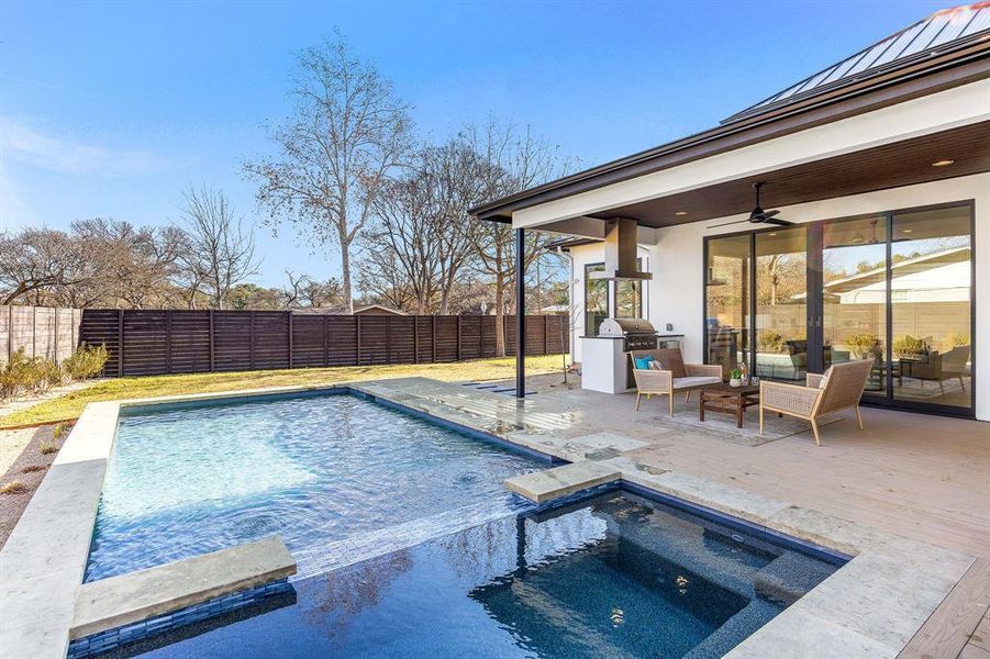 View of swimming pool featuring a jacuzzi, area for grilling, a fenced backyard, a patio, and ceiling fan