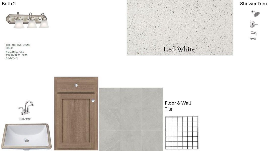 Bathroom 2 selections featuring a wood-tone cabinet paired with white quartz countertops Bathroom 2 selections featuring a wood-tone cabinet paired with white quartz countertops