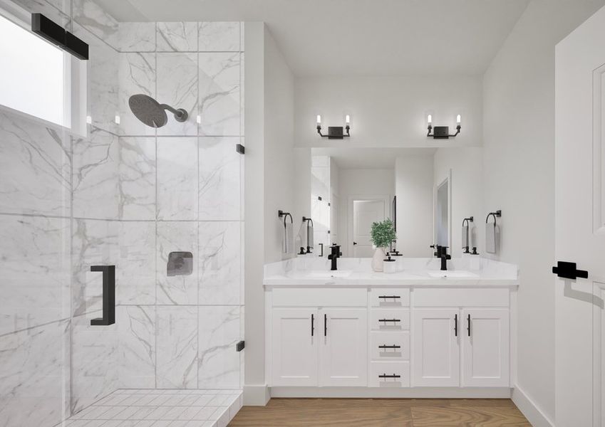 Modern bathroom with a double vanity featuring white cabinetry and black fixtures. A glass-enclosed shower with marbled tiles is on the left. Bright, clean, and minimalistic design.
