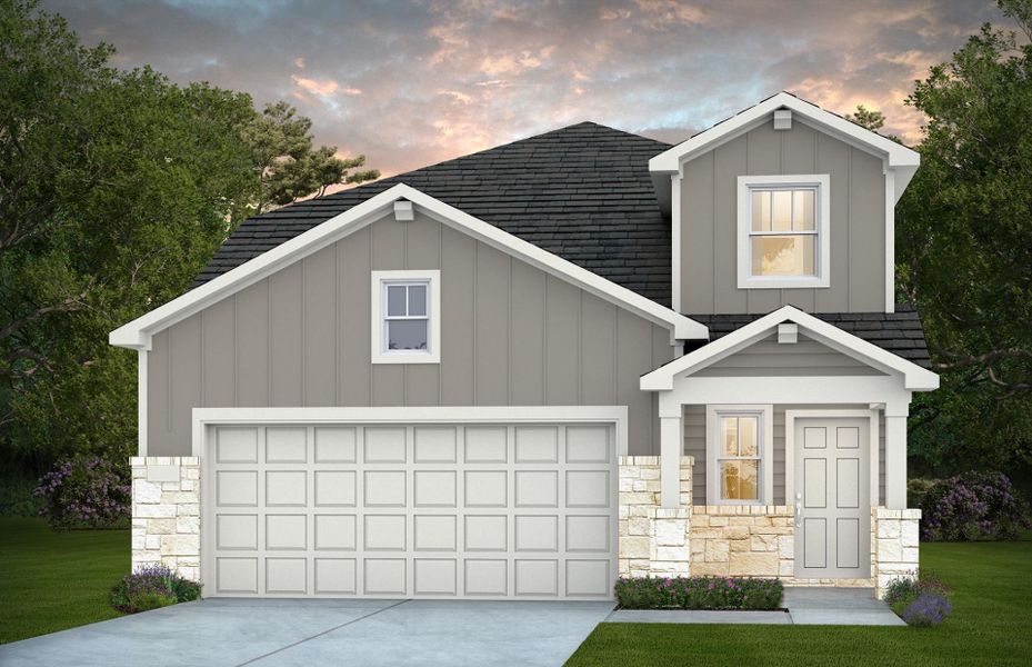 Front exterior of a new home in Saddleback at Santa Rita Ranch, Liberty Hill, TX, highlighting curb appeal (Image 21).