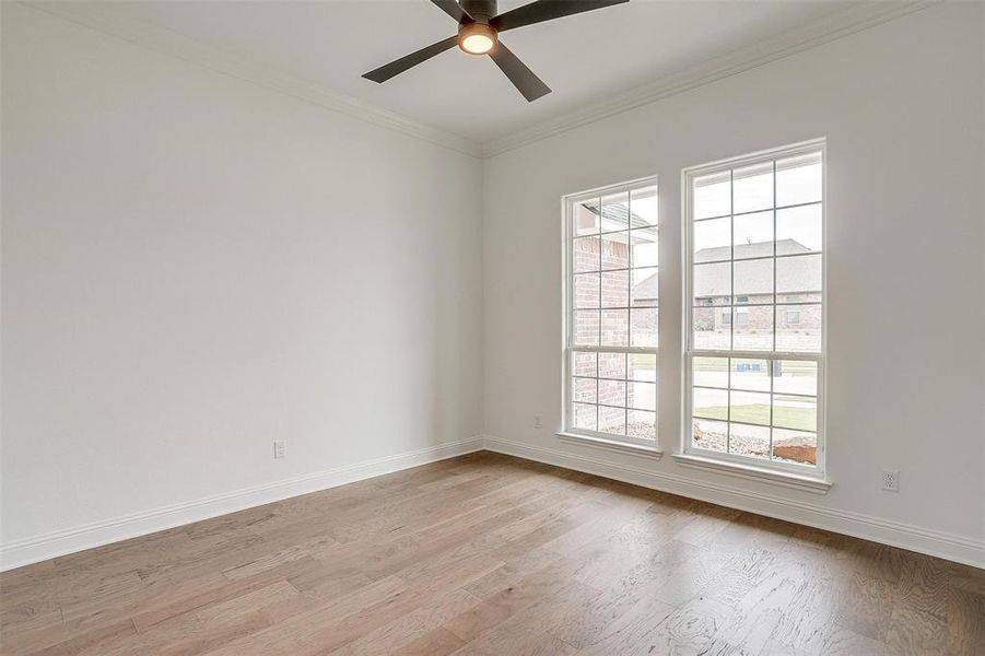 Empty room with ornamental molding, light wood-type flooring, and a healthy amount of sunlight