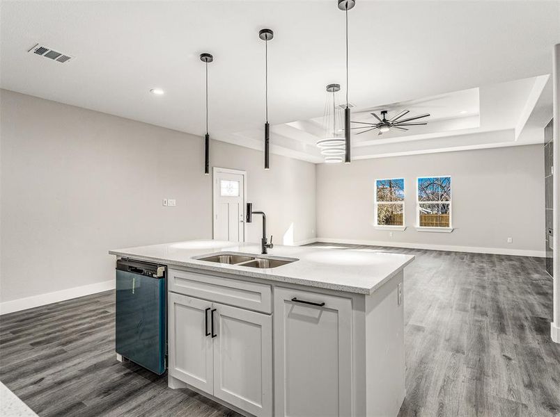 Kitchen featuring a tray ceiling, dishwasher, white cabinets, and sink