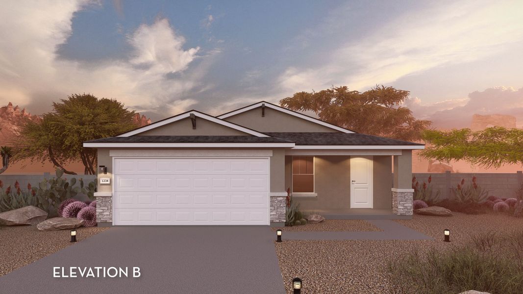 Representative exterior photo of a completed home built from the Choctaw by CastleRock Communities in Perkinsville, Chino Valley, AZ (Image 2). Representative exterior photo of a completed home built from the Choctaw by CastleRock Communities in Perkinsville, Chino Valley, AZ (Image 2).