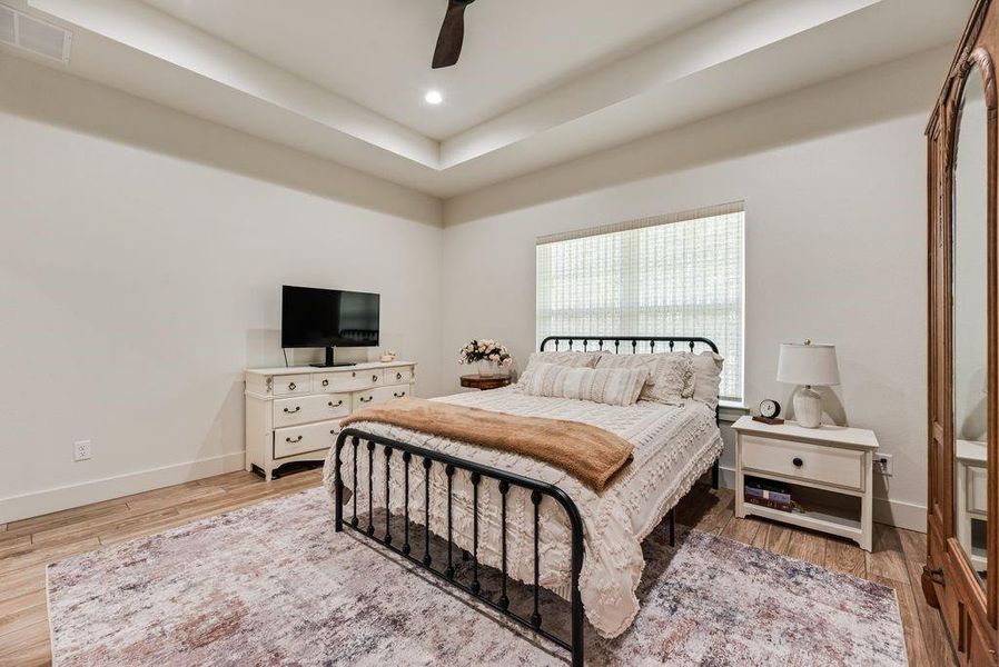 Large and Luxurious Primary Bedroom with Tray Ceiling