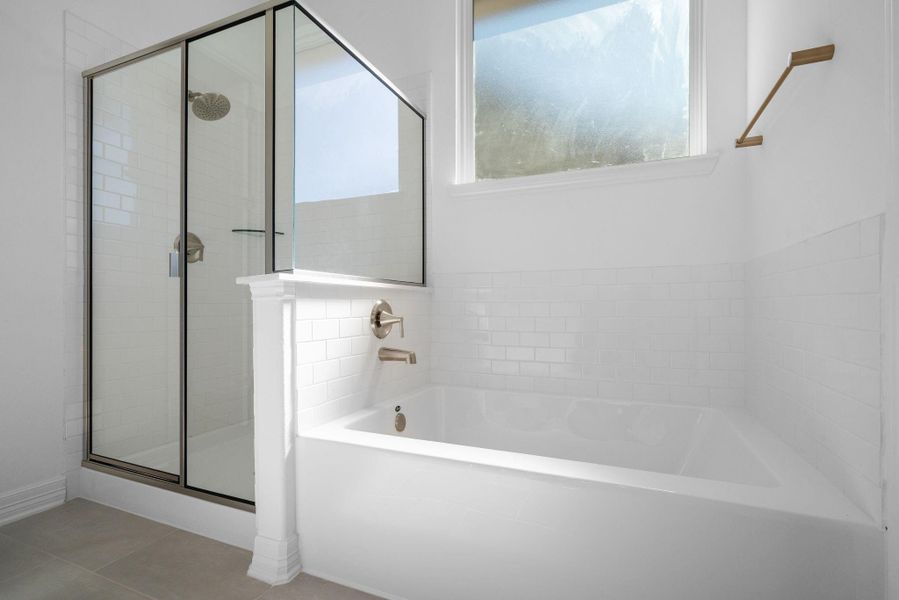 This additional view of your primary bathroom features tile flooring, fresh paint, walk-in shower, a separate garden tub, and a large walk-in closet. This additional view of your primary bathroom features tile flooring, fresh paint, walk-in shower, a separate garden tub, and a large walk-in closet.