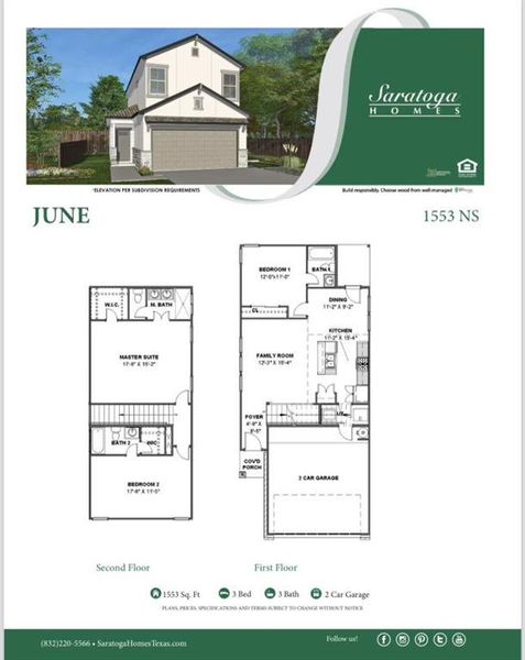 Explore the thoughtfully designed June floor plan offering 1,553 square feet of functional living space. With 3 bedrooms, 3 bathrooms, and a 2-car garage, this home perfectly balances comfort and style. The open-concept layout on the first floor connects the family room, kitchen, and dining area, ideal for both everyday living and entertaining.