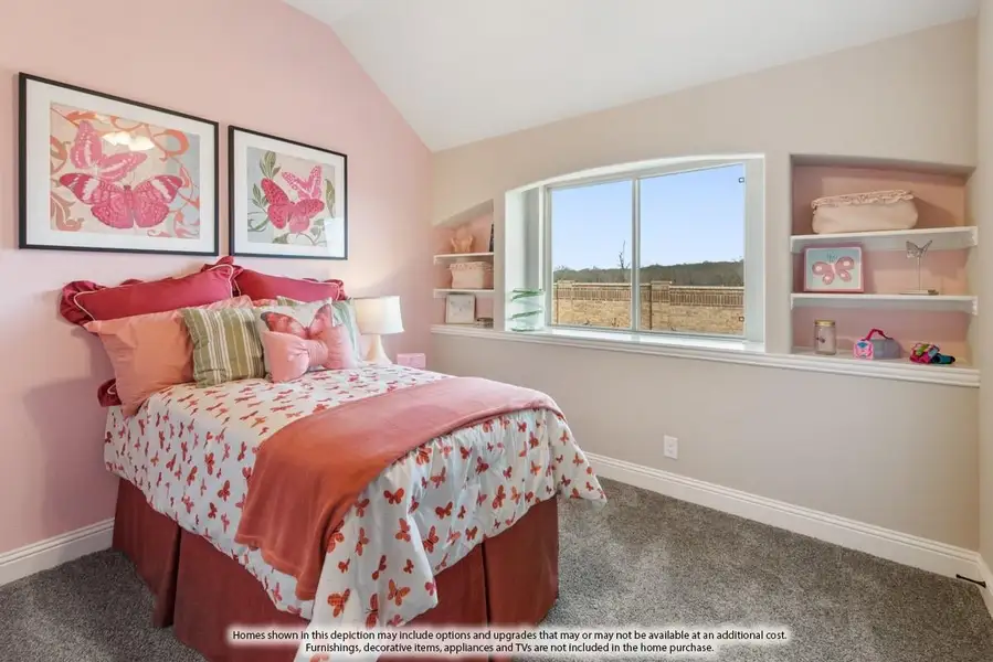 Children's bedroom with pink walls, vaulted ceiling, built-in shelves, and large arched window