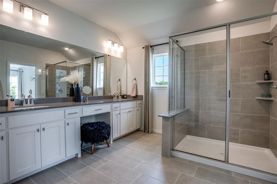 Beautiful finishes paired with ample space create the perfect owner's bath!