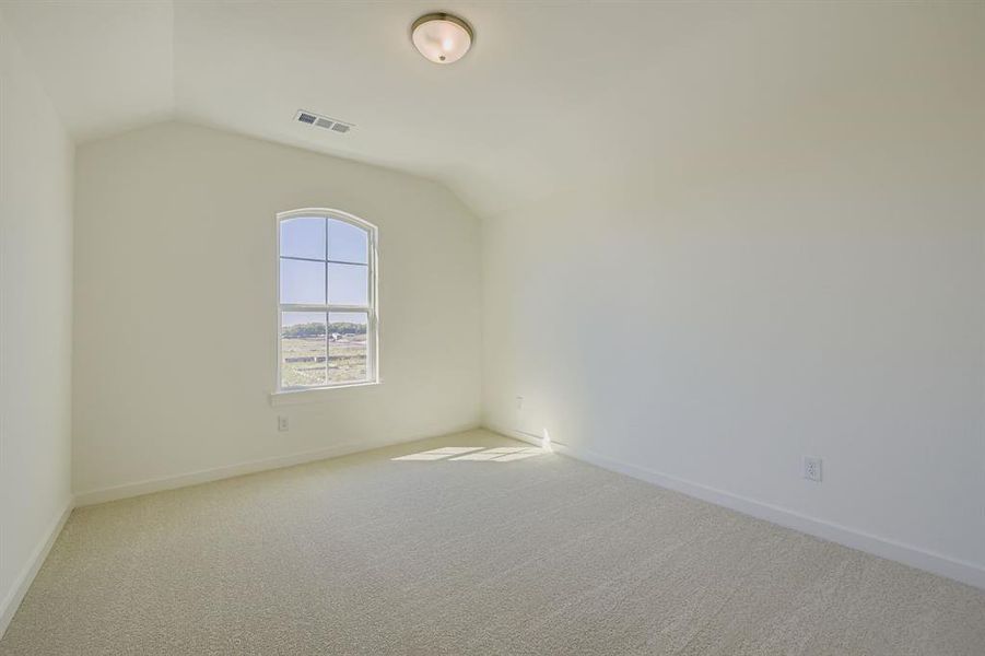 Additional living space featuring lofted ceiling and light carpet