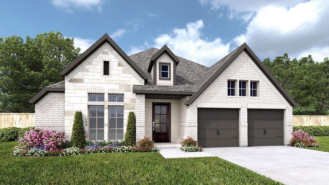 Front exterior of a new home in Serenity 55+ Active Adult, Manvel, TX, highlighting curb appeal (Image 2).