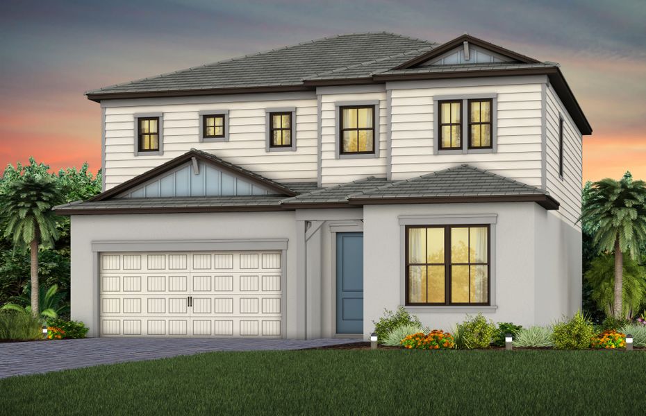 Front exterior of a new home in Grandura, Sarasota, FL, highlighting curb appeal (Image 14).