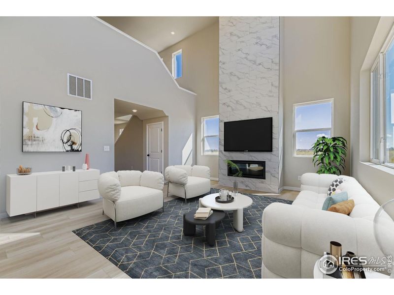 Inviting great room surrounding gas fireplace