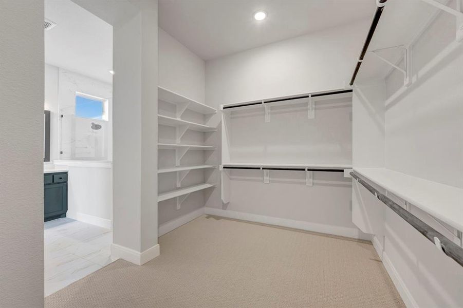 Walk in closet with light carpet