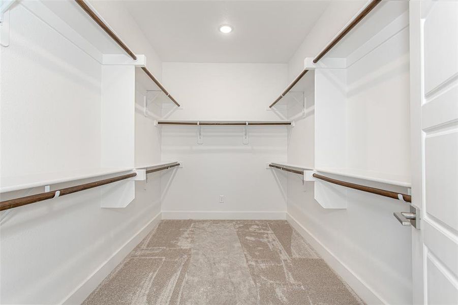 Spacious closet with light carpet