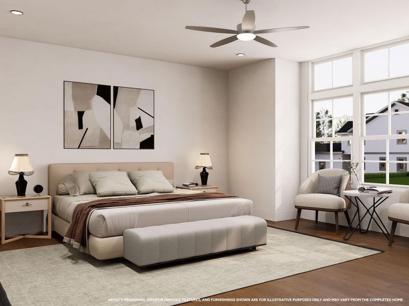A private retreat designed for relaxation, the spacious primary suite offers a peaceful escape with room to unwind, recharge, and enjoy the comforts of home. Image depicts artist's rendering; see New Home Sales Consultant for details.