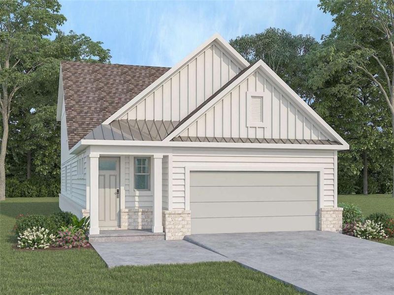 Front exterior of a new home in The Village at Sandy Plains, Marietta, GA, highlighting curb appeal (Image 1).