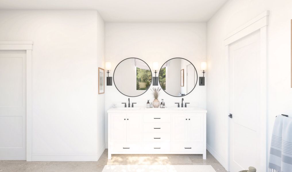 Primary bath featuring freestanding vanity with dual sinks Primary bath featuring freestanding vanity with dual sinks