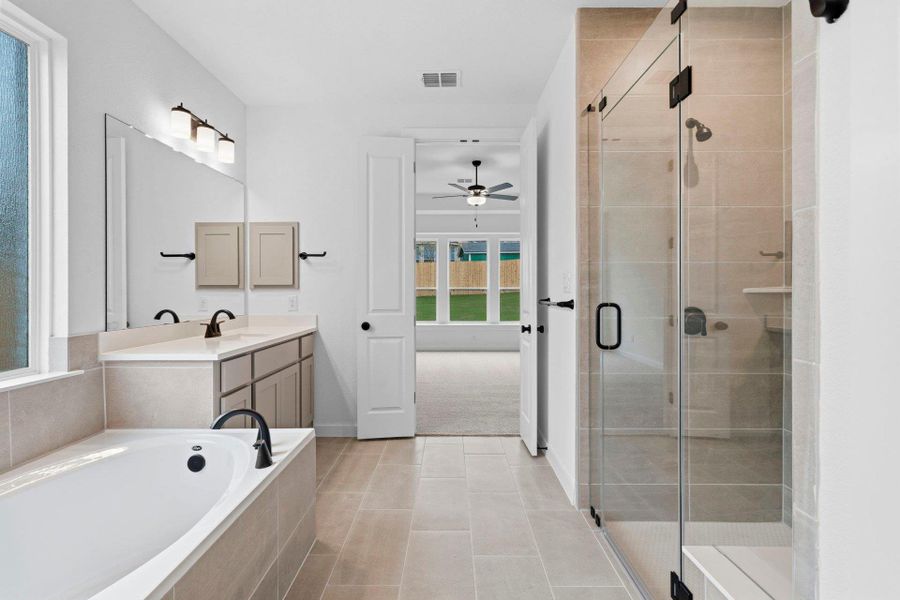 Primary Bath retreat with dual vanities, garden tub & walk-in shower