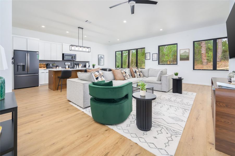 Open living, dining, kitchen area