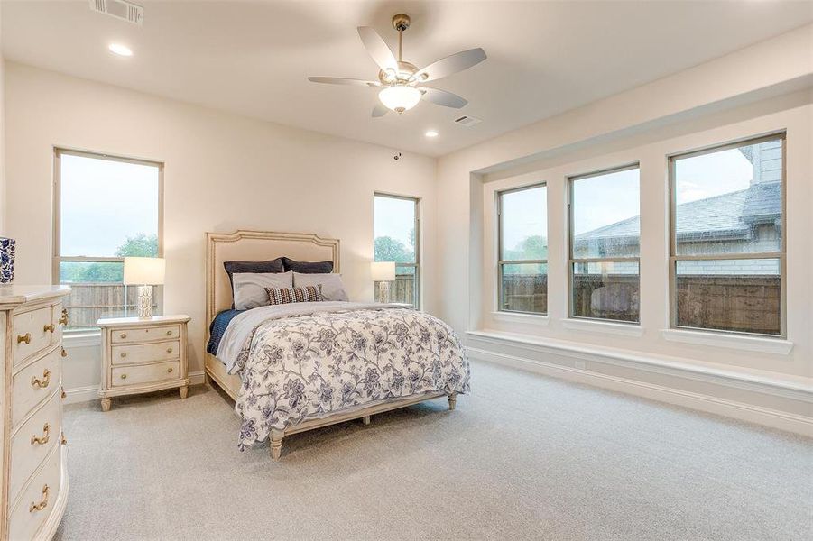 Carpeted bedroom with ceiling fan