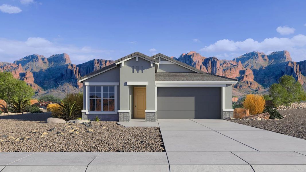 Front exterior of a new home in Zanjero Pass, Waddell, AZ, highlighting curb appeal (Image 1). Front exterior of a new home in Zanjero Pass, Waddell, AZ, highlighting curb appeal (Image 1).