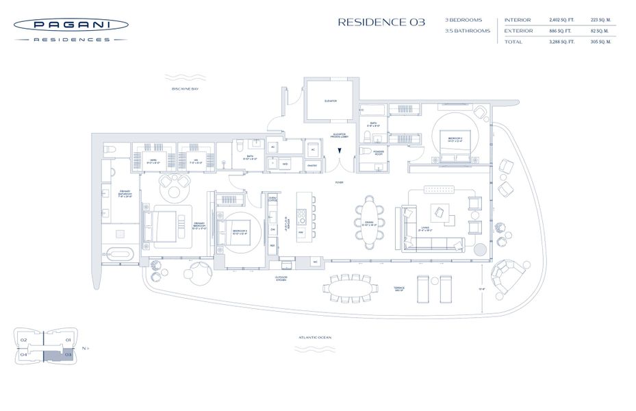 2D floor plan layout for the Residence 03 by Riviera Horizons in Pagani Residences, North Bay Village, FL (Image 1). 2D floor plan layout for the Residence 03 by Riviera Horizons in Pagani Residences, North Bay Village, FL (Image 1).