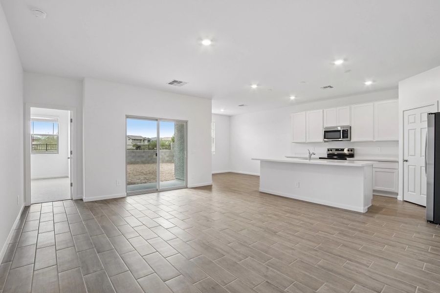 Great room, kitchen and dining