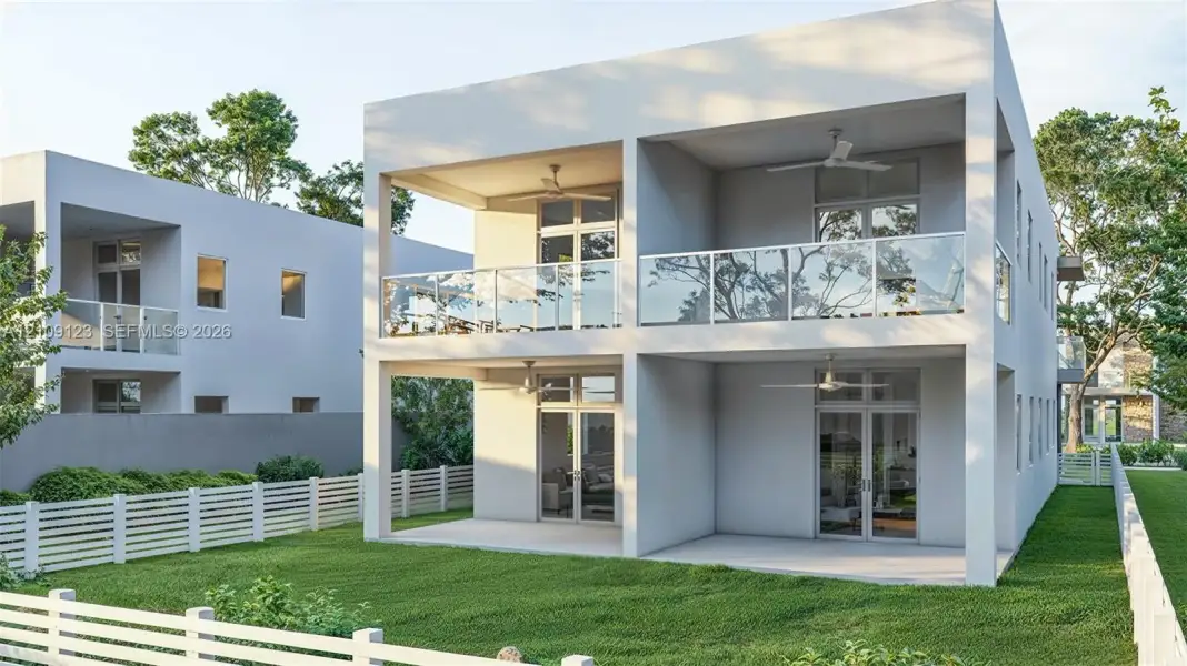 Contemporary multi-level exterior featuring stacked covered balconies with glass railings, ceiling fans, full-height windows, and a fenced-in lawn Contemporary multi-level exterior featuring stacked covered balconies with glass railings, ceiling fans, full-height windows, and a fenced-in lawn