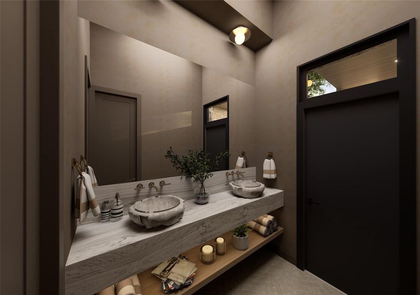 Earthy tones and elevated finishes converge in this thoughtfully curated bath. A custom floating counter, artisan-inspired sinks, and warm brass accents transform everyday rituals into moments of understated luxury. Earthy tones and elevated finishes converge in this thoughtfully curated bath. A custom floating counter, artisan-inspired sinks, and warm brass accents transform everyday rituals into moments of understated luxury.