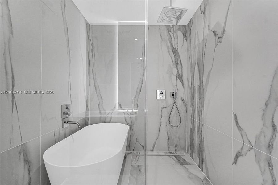 Freestanding soaking tub, walk-in shower, rain shower head, hand-held shower, and wall-mounted plumbing fixtures, all surrounded by large-format porcelain tile