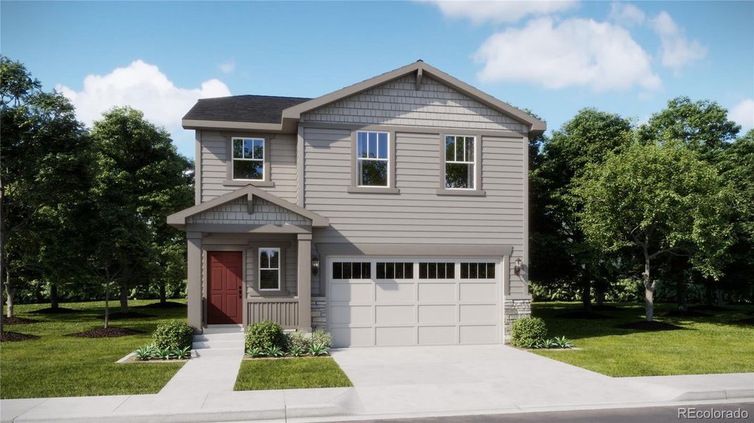 Front exterior of a new home in Muegge Farms: The Storybook Collection, Bennett, CO, highlighting curb appeal (Image 1).