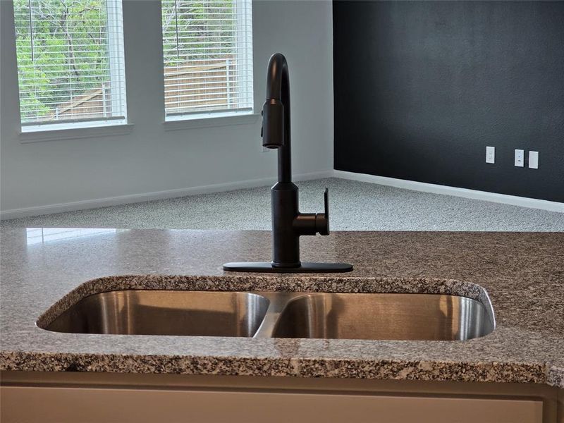 Details featuring stone countertops and sink