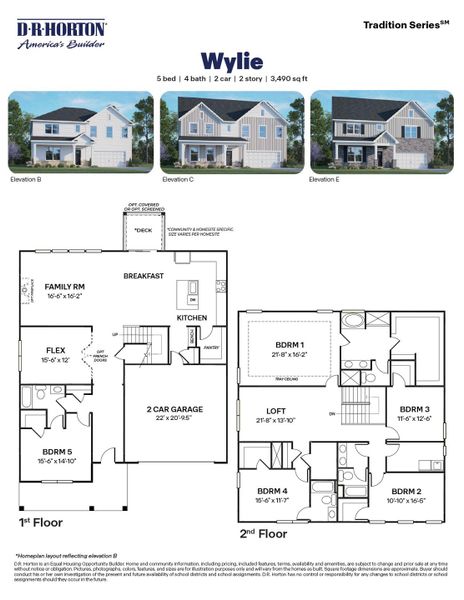 2D floor plan layout for the Wylie by D.R. Horton in Kalas Falls, Wake Forest, NC (Image 5).