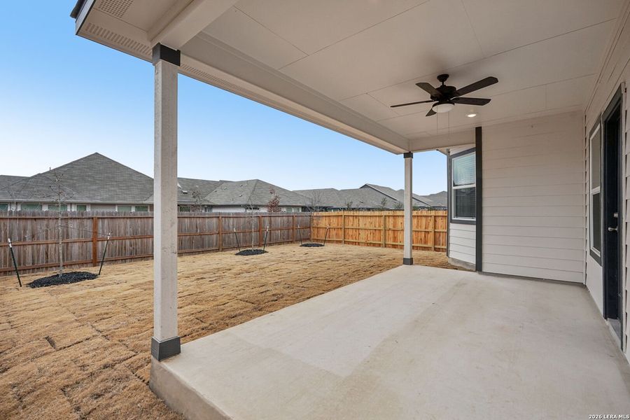Exterior details and patio area of a home in Estancia Ranch - Premier Series, San Antonio (Image 28).