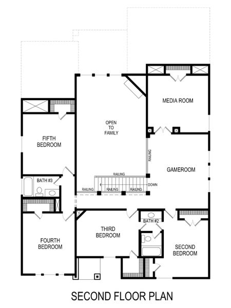 2D floor plan layout for the Hillcrest 45 2F (w/Media) by First Texas Homes in Estates at Edgewood Creek, Celina, TX (Image 6).