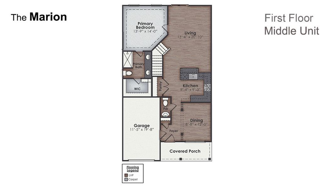 2D floor plan layout of this home in Indigo Preserve Townhomes, Leland, NC (Image 1).