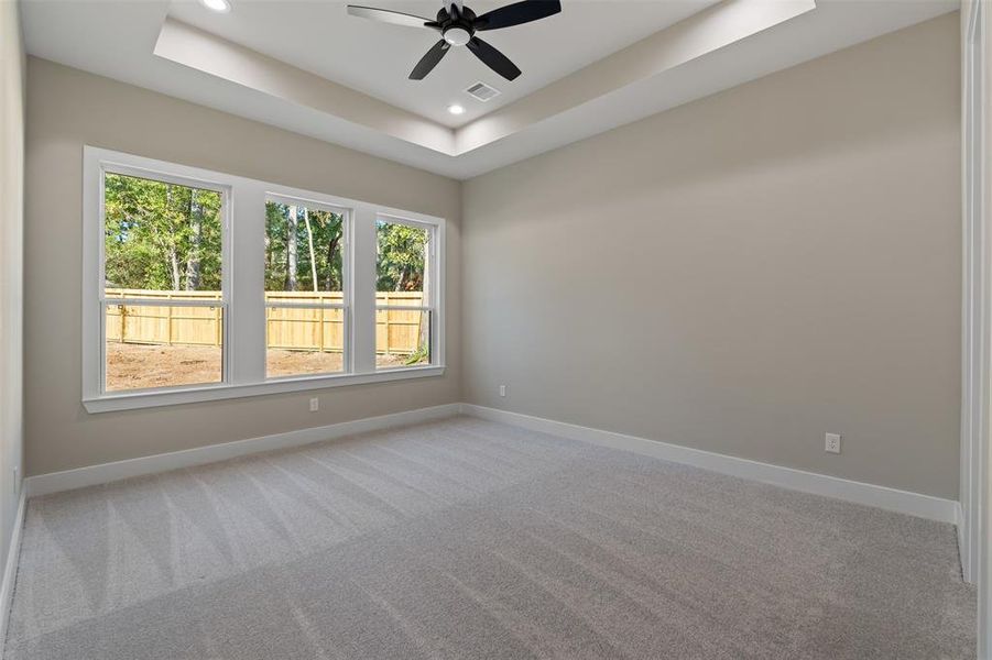 Primary Bedroom, Trayed Ceiling, Canned Lighting and Ceiling Fan with a light