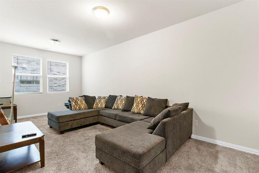 Carpeted living area featuring baseboards Carpeted living area featuring baseboards