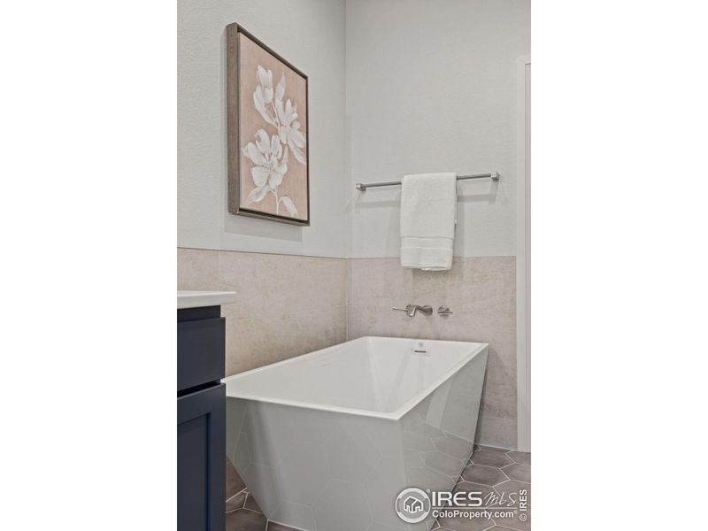 A free-standing cast-iron tub is ready for a soak!