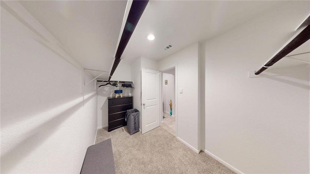Spacious walk-in closet featuring light gray carpet, recessed lighting, white walls, and a white interior door