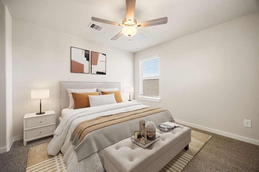 This secondary bedroom offers comfort and style with plush carpeting, neutral paint tones, ceiling fan with lighting, a large window with blinds, and a generously sized closet. *Virtually Staged This secondary bedroom offers comfort and style with plush carpeting, neutral paint tones, ceiling fan with lighting, a large window with blinds, and a generously sized closet. *Virtually Staged