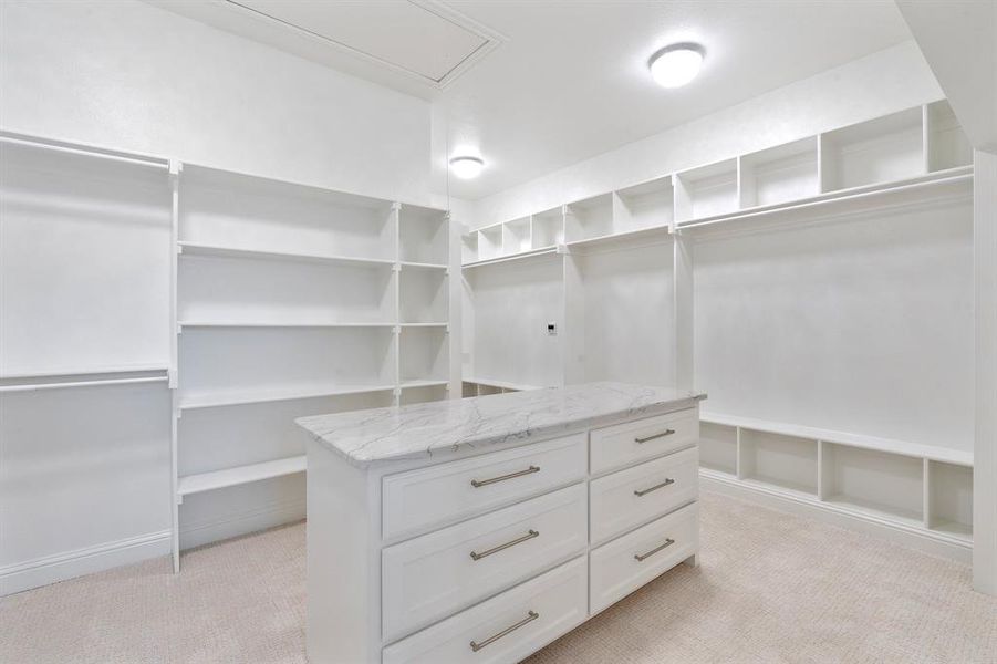 Walk in closet featuring light colored carpet