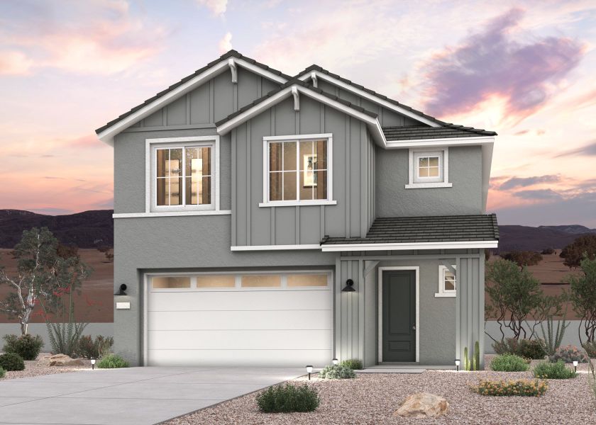 A twilight rendering of a 2-story new home in Buckeye, AZ at Manzanita at Teravalis by Century Communities. A twilight rendering of a 2-story new home in Buckeye, AZ at Manzanita at Teravalis by Century Communities.