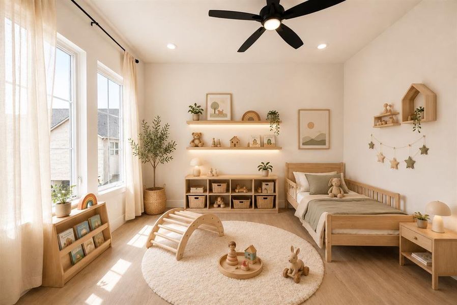 Spacious room featuring wood-finish flooring and two large windows with sheer drapes