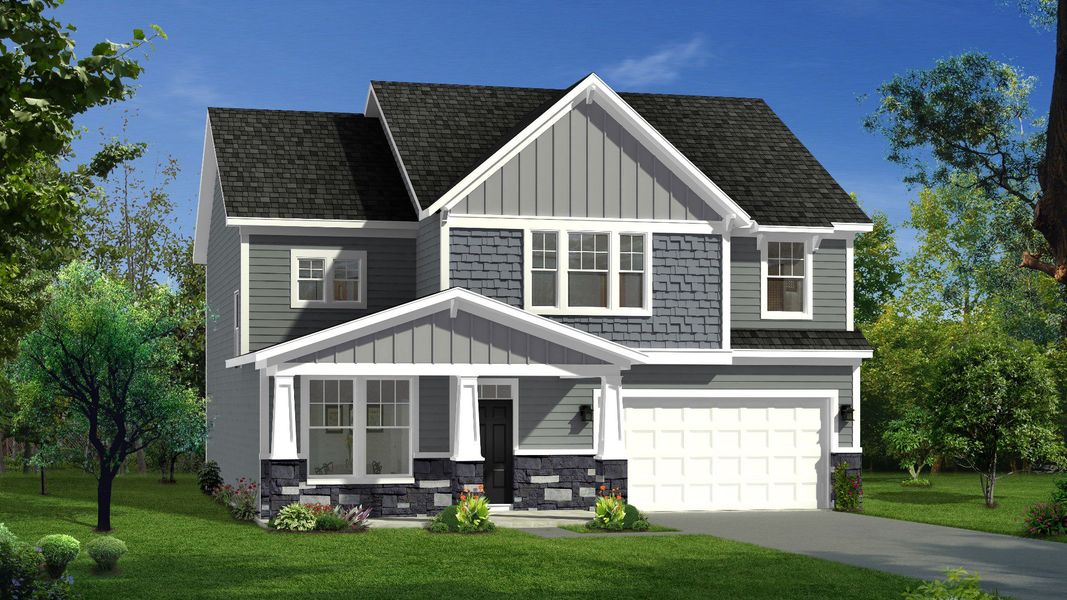 Representative exterior photo of a completed home built from the Hawthorne by DRB Homes in Sidney Creek Single Family, Zebulon, NC (Image 3).