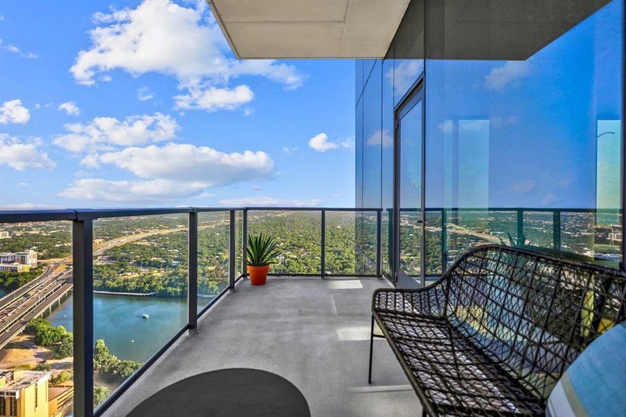 Balcony with views of Lady Bird Lake, facing South.