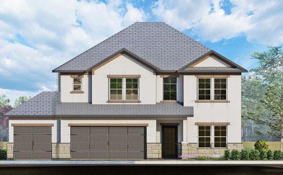 A well-proportioned facade showcases a striking blend of siding and stone, with multiple garages providing ample utility. A well-proportioned facade showcases a striking blend of siding and stone, with multiple garages providing ample utility.