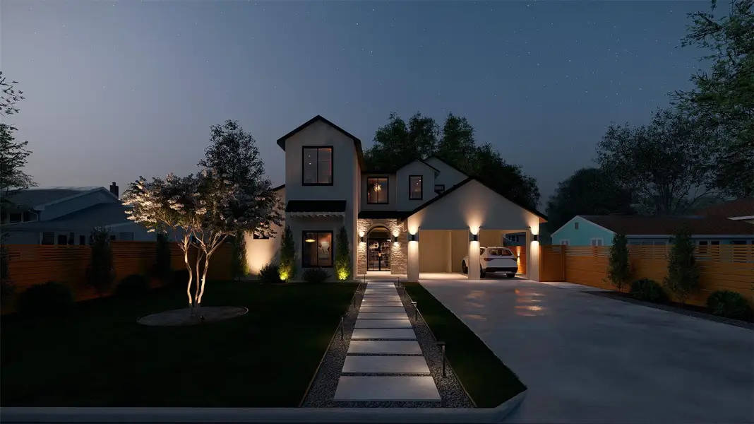 Illuminated exterior showcases a modern home with clean lines and inviting pathway lighting.