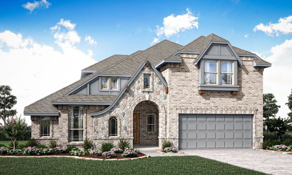 Two-story home with brick and stone exterior, arched entry, and two-car garage, Elevation C